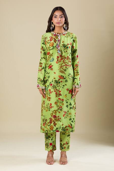 Buy_Anamika Khanna_Green Cotton Embroidery Round Neck Floral Print Lime Kurta Set _Online_at_Aza_Fashions