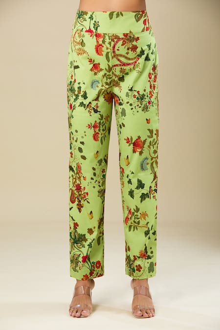 Shop_Anamika Khanna_Green Cotton Embroidery Round Neck Floral Print Lime Kurta Set _Online_at_Aza_Fashions