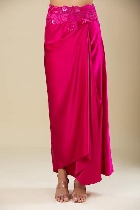 Anamika Khanna_Fuchsia Chiffon Embroidery Round Neck Skirt Set _Online_at_Aza_Fashions