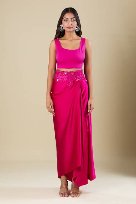 Buy_Anamika Khanna_Fuchsia Chiffon Embroidery Round Neck Skirt Set _Online_at_Aza_Fashions