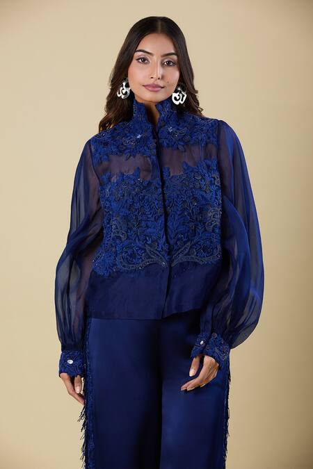 Anamika Khanna_Blue Embroidery Mandarin Collar Indigo Shirt And Pant Set _Online_at_Aza_Fashions