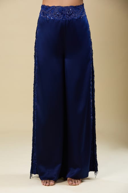 Buy_Anamika Khanna_Blue Embroidery Mandarin Collar Indigo Shirt And Pant Set _Online_at_Aza_Fashions