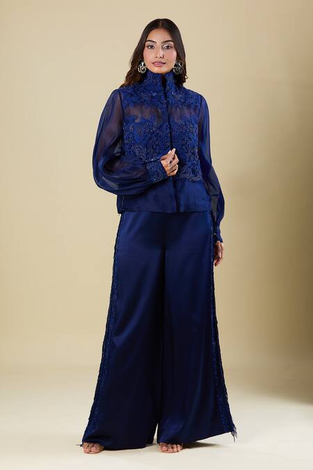 Shop_Anamika Khanna_Blue Embroidery Mandarin Collar Indigo Shirt And Pant Set _Online_at_Aza_Fashions