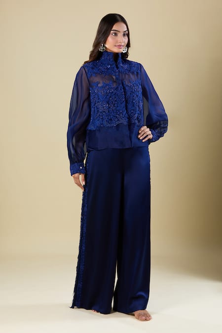 Anamika Khanna_Blue Embroidery Mandarin Collar Indigo Shirt And Pant Set _at_Aza_Fashions