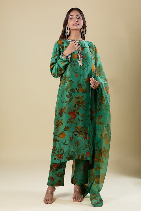 Anamika Khanna Deep Sea Green Printed Kurta Set 