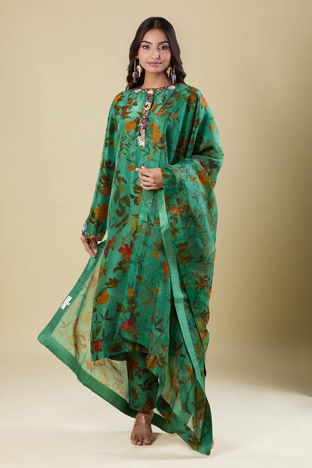 Anamika Khanna Green Embroidery Round Neck Deep Sea Printed Kurta Set Online at Aza Fashions Anamika Khanna_Green Embroidery Round Neck Deep Sea Printed Kurta Set_Online_at_Aza_Fashions