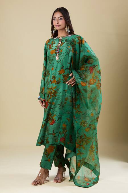 Buy Anamika Khanna Green Embroidery Round Neck Deep Sea Printed Kurta Set Online at Aza Fashions Buy_Anamika Khanna_Green Embroidery Round Neck Deep Sea Printed Kurta Set_Online_at_Aza_Fashions