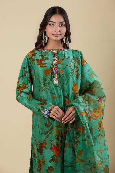 Shop Anamika Khanna Green Embroidery Round Neck Deep Sea Printed Kurta Set Online at Aza Fashions Shop_Anamika Khanna_Green Embroidery Round Neck Deep Sea Printed Kurta Set_Online_at_Aza_Fashions