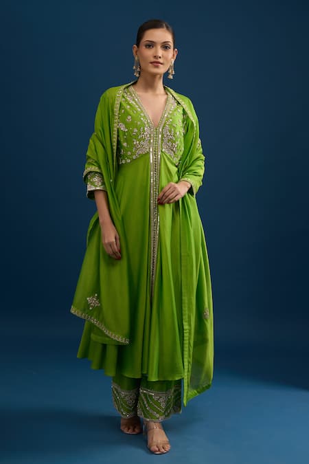 Matsya Lime Green Embroidered Anarkali Set 