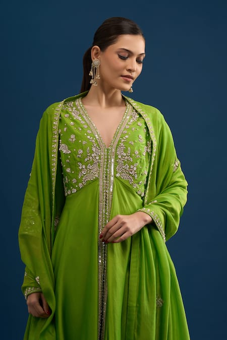 Matsya_Green Silk Sequins, Beads, Embroidery V-neck Lime Anarkali Set _Online_at_Aza_Fashions