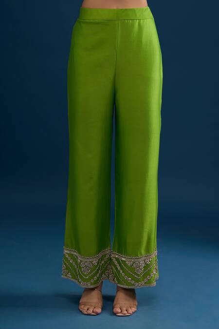 Buy_Matsya_Green Silk Sequins, Beads, Embroidery V-neck Lime Anarkali Set _Online_at_Aza_Fashions