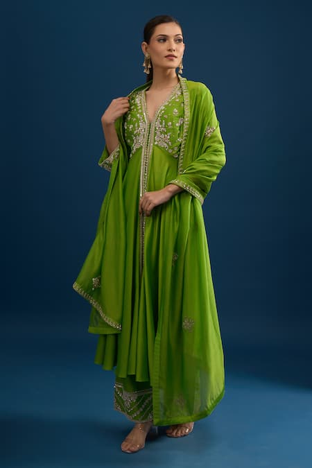 Shop_Matsya_Green Silk Sequins, Beads, Embroidery V-neck Lime Anarkali Set _Online_at_Aza_Fashions