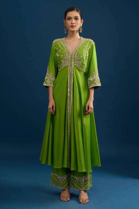 Matsya_Green Silk Sequins, Beads, Embroidery V-neck Lime Anarkali Set _at_Aza_Fashions