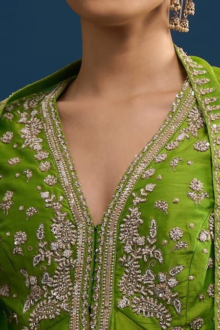 Buy_Matsya_Green Silk Sequins, Beads, Embroidery V-neck Lime Anarkali Set 