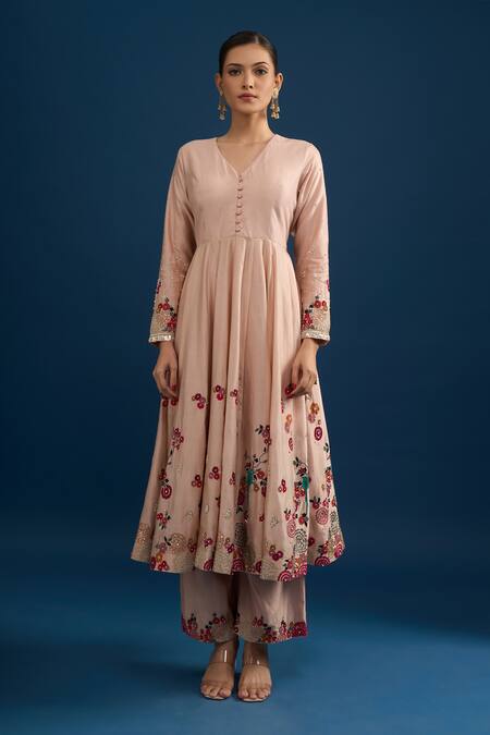 Buy_Matsya_Pink Silk Embroidery V-neck Anarkali Set _Online_at_Aza_Fashions