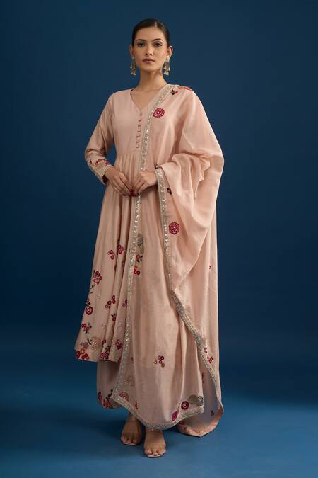 Shop_Matsya_Pink Silk Embroidery V-neck Anarkali Set _Online_at_Aza_Fashions