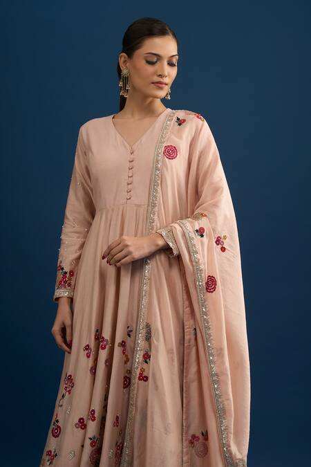 Buy_Matsya_Pink Silk Embroidery V-neck Anarkali Set 