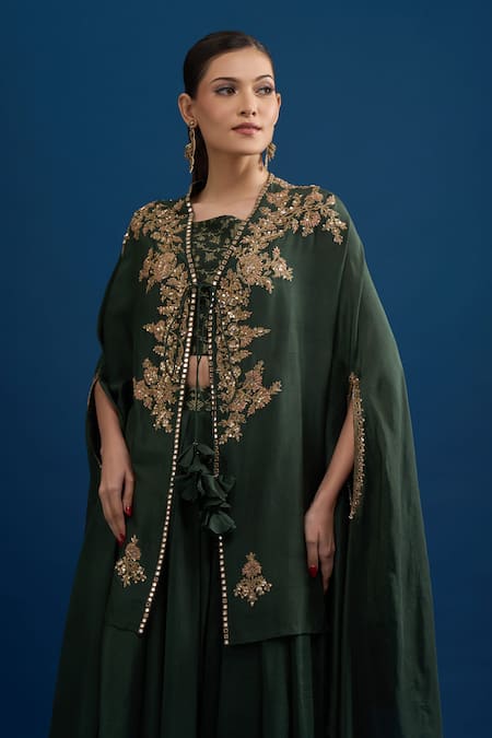 Buy_Matsya_Green Silk Embroidery Open , Round Bottle Cape Set _Online_at_Aza_Fashions