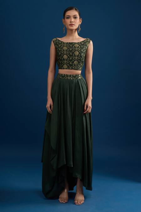 Shop_Matsya_Green Silk Embroidery Open , Round Bottle Cape Set _Online_at_Aza_Fashions