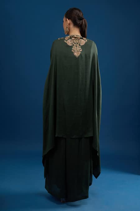 Matsya Bottle Green Embroidered Cape Set 