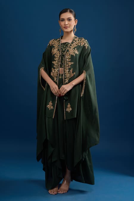Matsya Bottle Green Embroidered Cape Set 