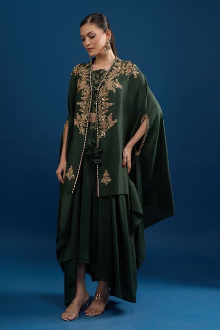 Matsya_Green Silk Embroidery Open , Round Bottle Cape Set _at_Aza_Fashions