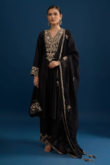 Matsya Black Silk Embroidered Anarkali Set 