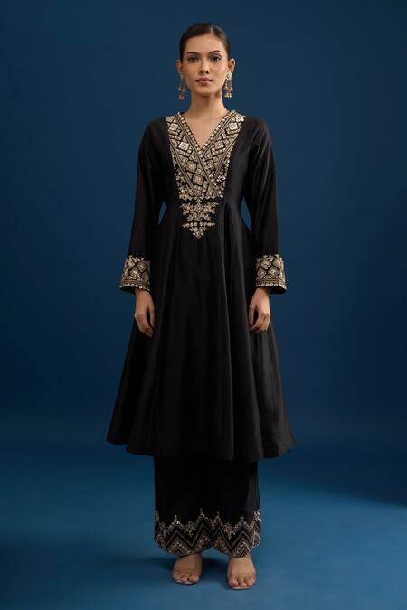 Matsya_Black Silk Zari, Embroidery V-neck Anarkali Set _Online_at_Aza_Fashions