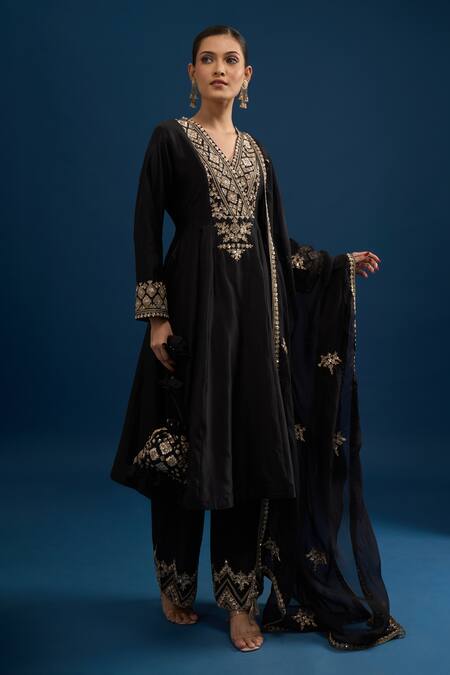 Buy_Matsya_Black Silk Zari, Embroidery V-neck Anarkali Set _Online_at_Aza_Fashions