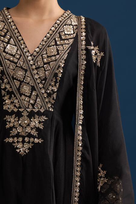 Matsya_Black Silk Zari, Embroidery V-neck Anarkali Set _at_Aza_Fashions