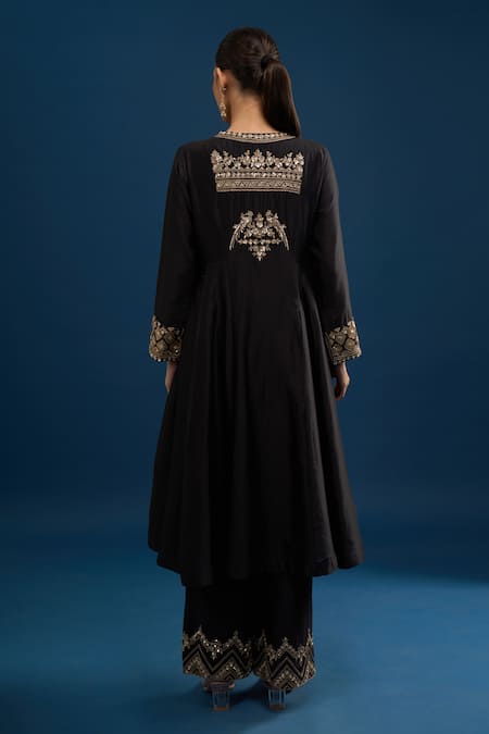 Matsya Black Silk Embroidered Anarkali Set 