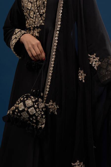 Buy_Matsya_Black Silk Zari, Embroidery V-neck Anarkali Set 