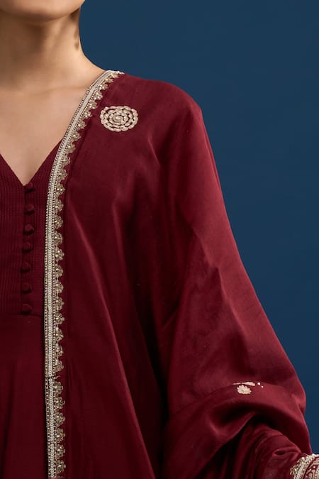 Matsya_Red Silk Embroidery V-neck Scarlet Anarkali Set _Online_at_Aza_Fashions
