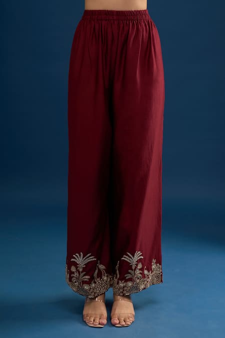 Buy_Matsya_Red Silk Embroidery V-neck Scarlet Anarkali Set _Online_at_Aza_Fashions