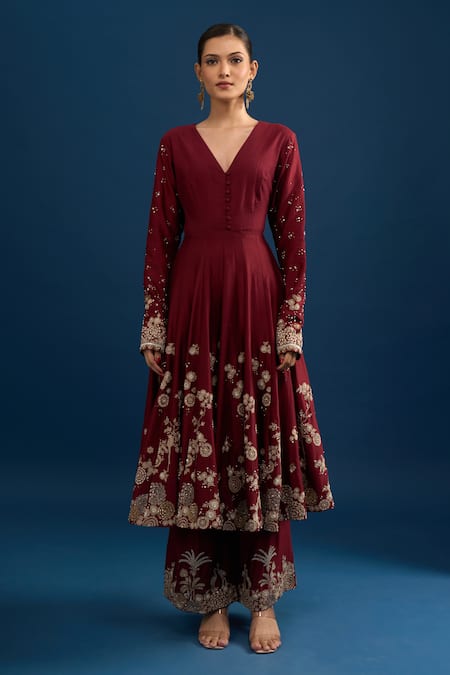 Matsya_Red Silk Embroidery V-neck Scarlet Anarkali Set _at_Aza_Fashions