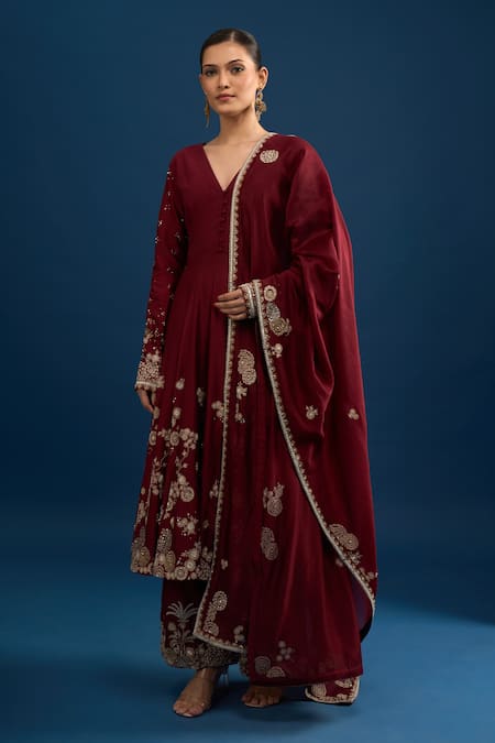 Buy_Matsya_Red Silk Embroidery V-neck Scarlet Anarkali Set 