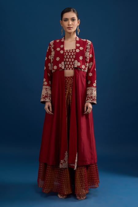 Matsya_Red Silk Embroidery Square , Open Jacket Skirt Set _Online_at_Aza_Fashions