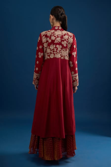 Matsya Red Silk Embroidered Jacket Skirt Set 