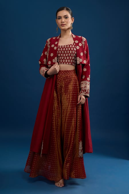 Matsya Red Silk Embroidered Jacket Skirt Set 