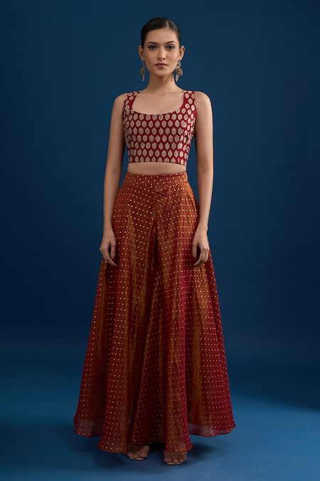 Buy_Matsya_Red Silk Embroidery Square , Open Jacket Skirt Set _Online_at_Aza_Fashions