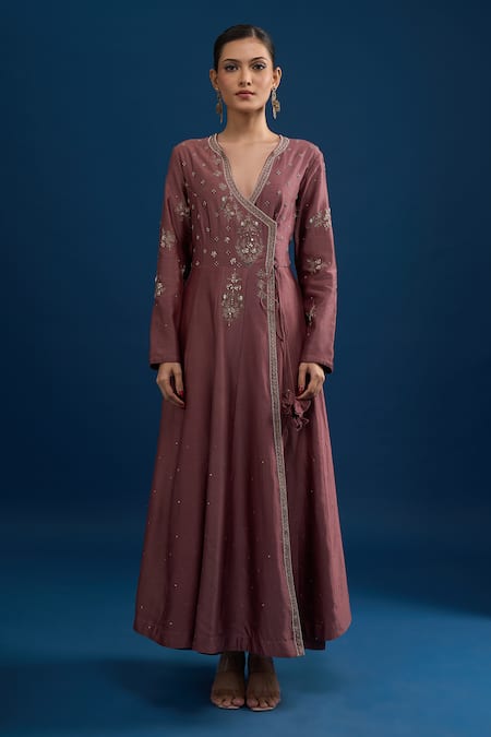 Shop_Matsya_Pink Silk Embroidery V-neck Anarkali Set _Online_at_Aza_Fashions