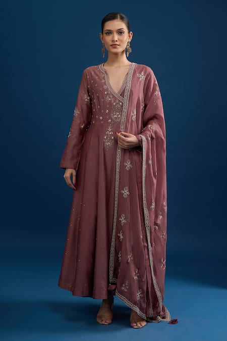 Matsya_Pink Silk Embroidery V-neck Anarkali Set _at_Aza_Fashions