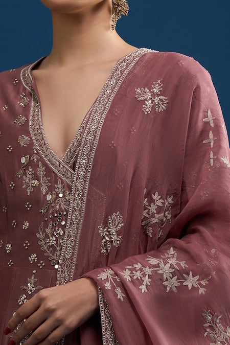Buy_Matsya_Pink Silk Embroidery V-neck Anarkali Set 