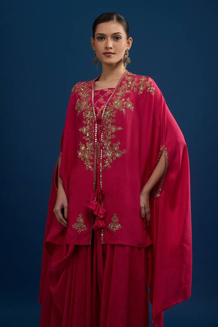 Matsya_Pink Silk Embroidery Open , Boat Rani Cape Set _Online_at_Aza_Fashions