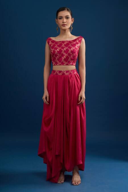 Buy_Matsya_Pink Silk Embroidery Open , Boat Rani Cape Set _Online_at_Aza_Fashions