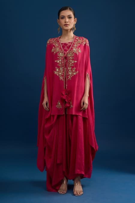 Shop_Matsya_Pink Silk Embroidery Open , Boat Rani Cape Set _Online_at_Aza_Fashions