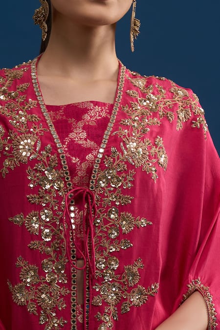 Matsya_Pink Silk Embroidery Open , Boat Rani Cape Set _at_Aza_Fashions