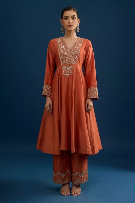 Matsya_Rust Silk Embroidery Split V-neck Red Anarkali Set _Online_at_Aza_Fashions