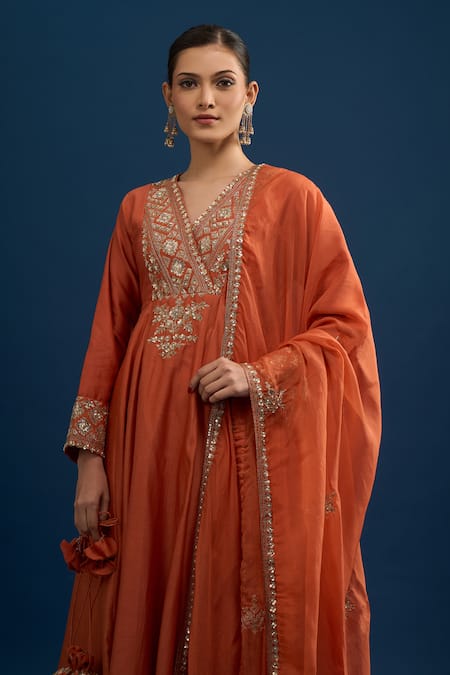 Buy_Matsya_Rust Silk Embroidery Split V-neck Red Anarkali Set _Online_at_Aza_Fashions