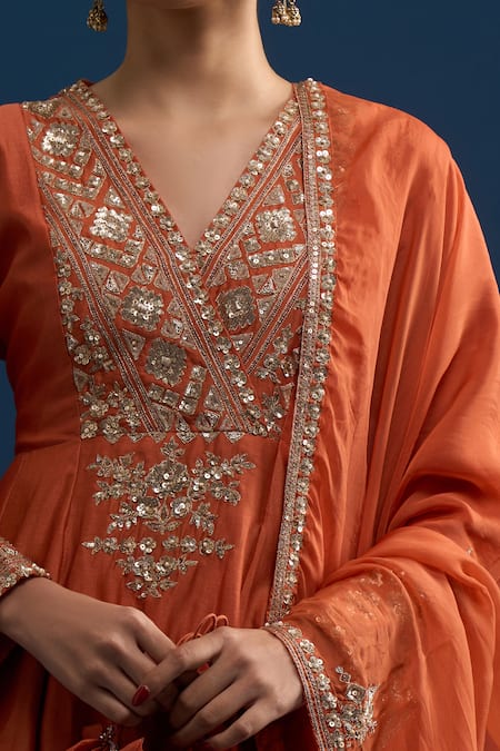 Shop_Matsya_Rust Silk Embroidery Split V-neck Red Anarkali Set _Online_at_Aza_Fashions